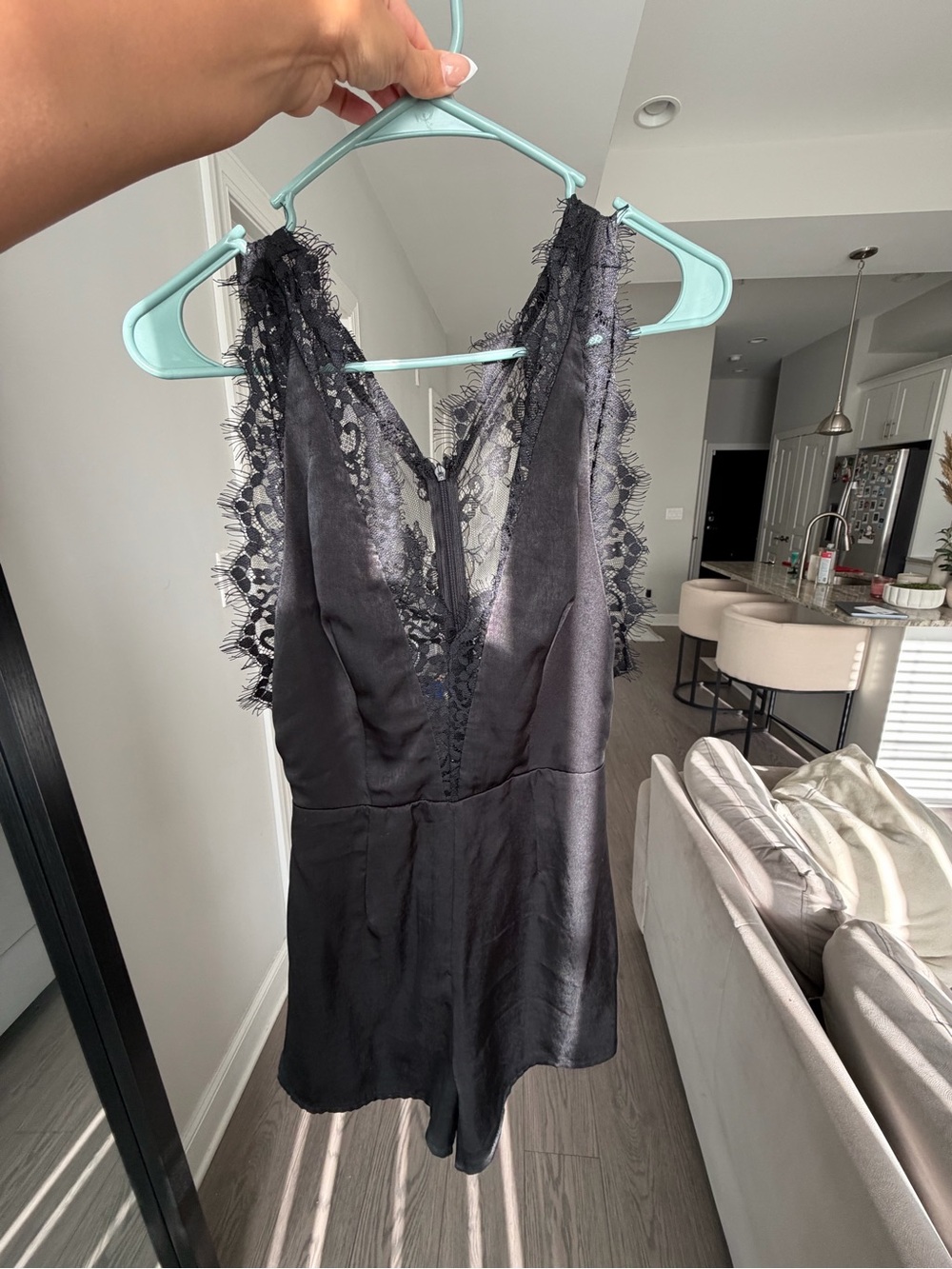 Black Lace-Trim Satin Romper - Women